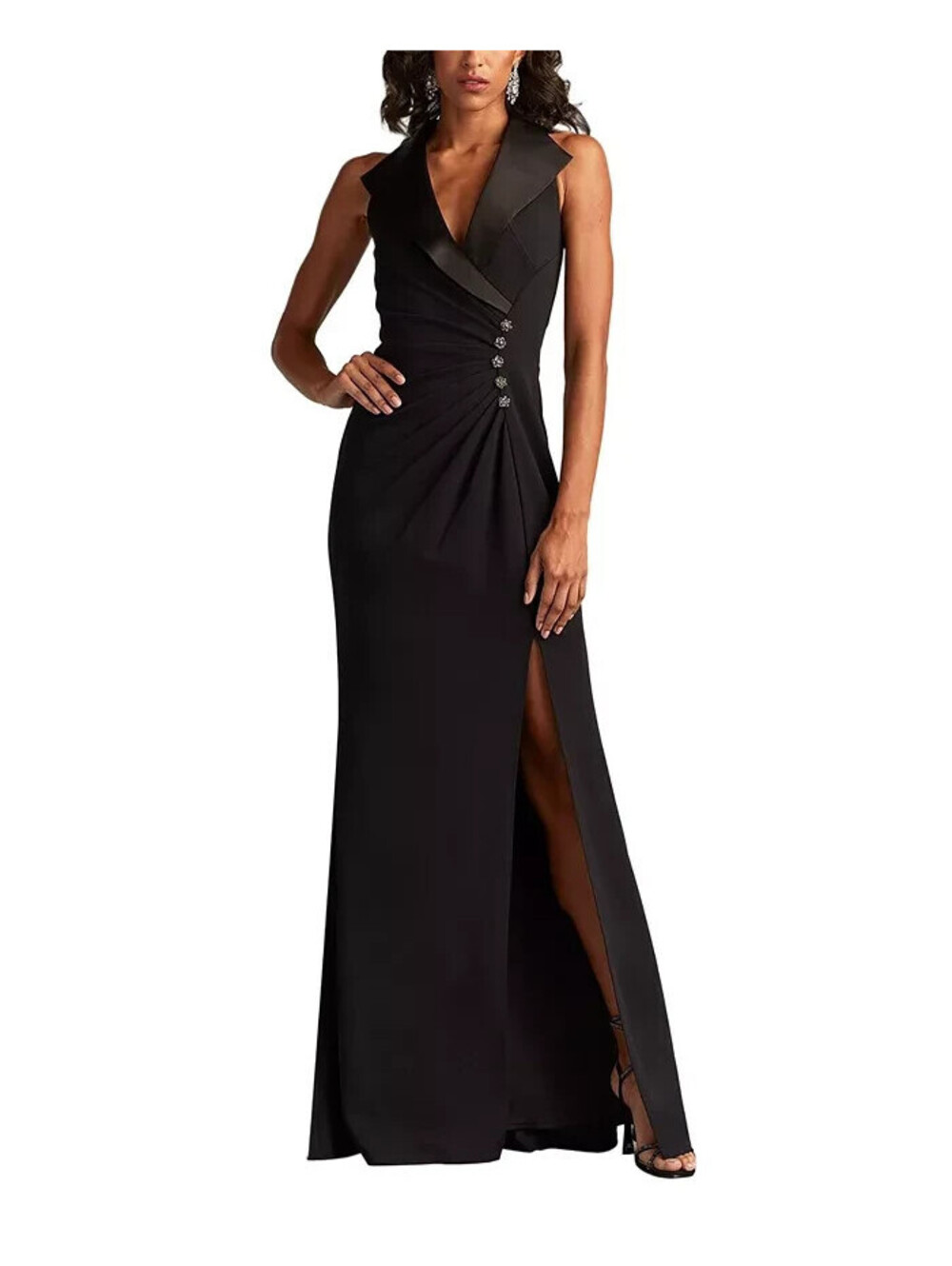 NEW Tadashi Shoji Sleeveless Crepe Tuxedo Gown in black Sz L #LD564